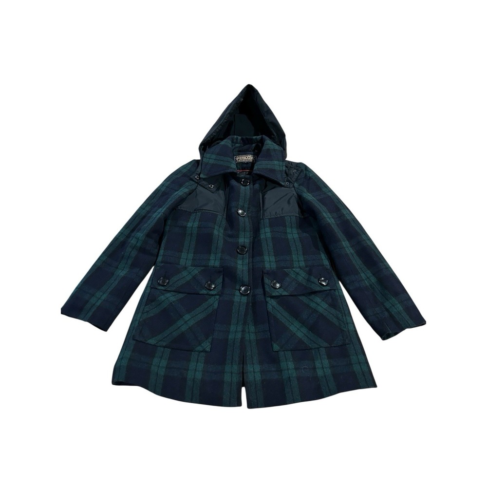 Pendleton Womens‎ Button Plaid Parka Coat Long Sleeve Hood Blue Green SZ 4